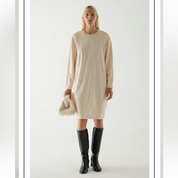 COS Cream Long-Sleeve Oversized Sequined Dress L 12/14/16 - Picture 7 of 13